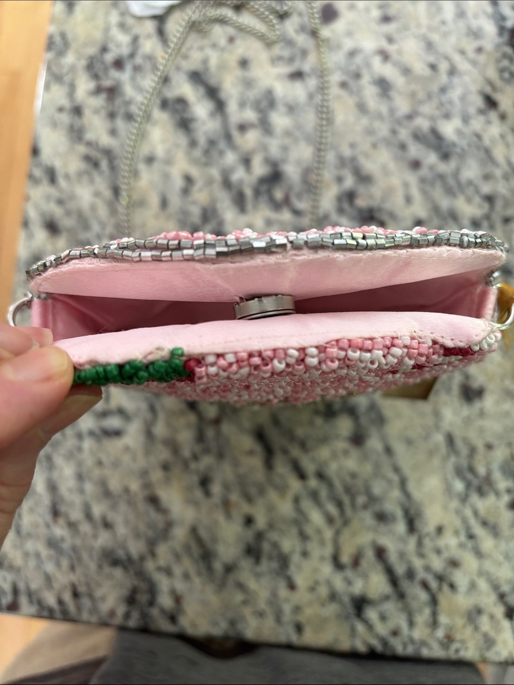 Made in India Beaded Pink and Silver Strawberry Milkshake Crossbody Bag - Picture 10 of 12